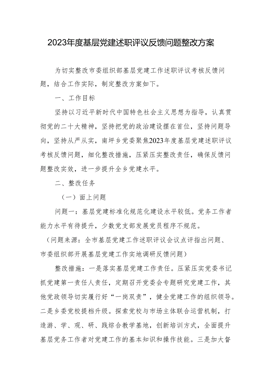 2023基层党建述职 评议反馈问题整改方案.docx_第1页