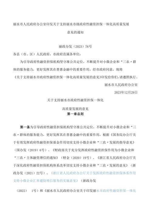 丽水市人民政府办公室印发关于支持丽水市级政府性融资担保一体化高质量发展意见的通知.docx