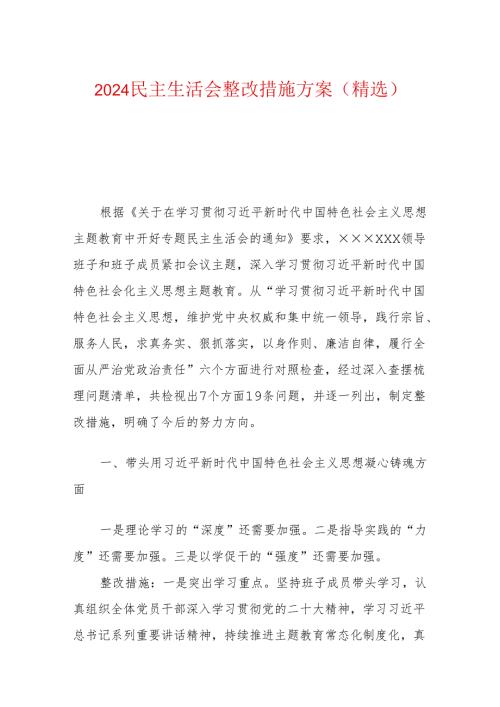 2023民主生活会整改措施方案（精选）.docx