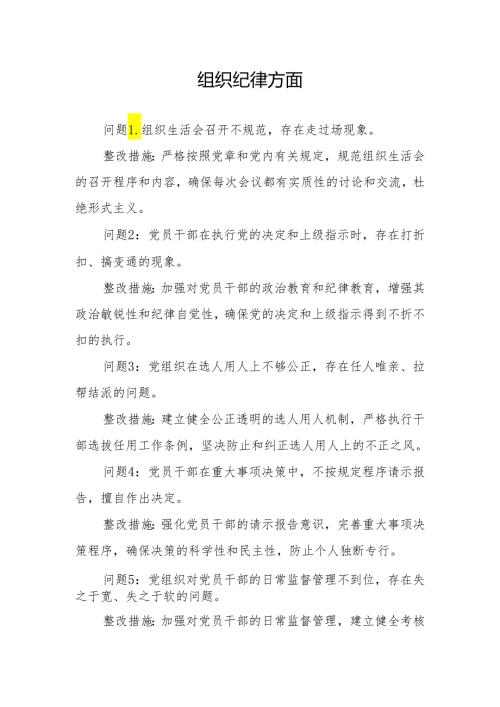 组织纪律方面存在问题及整改措施(党纪学习教育关于六大纪律).docx