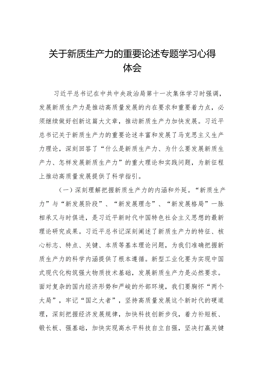 发展新质生产力推动高质量发展研讨发言材料十篇.docx_第1页