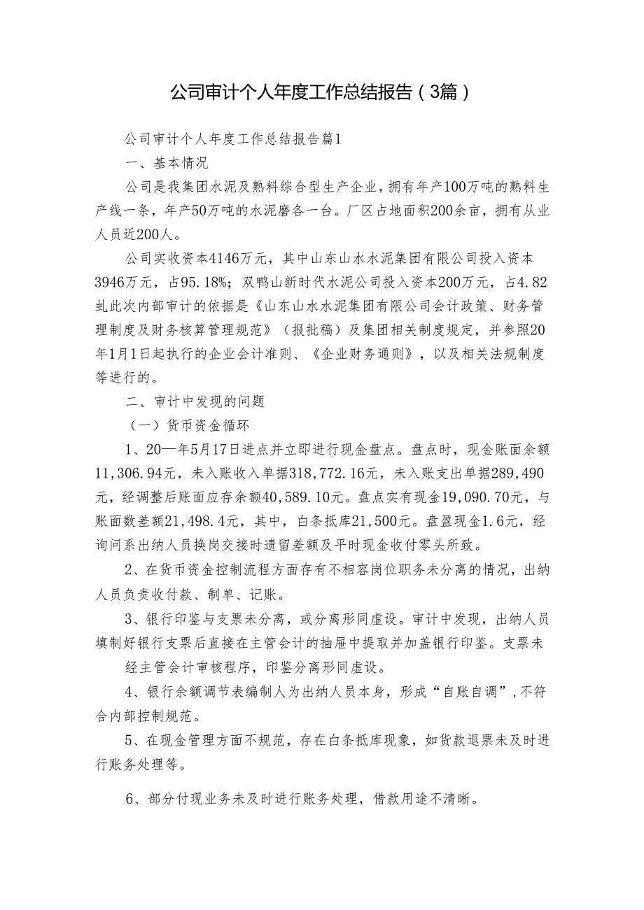 公司审计个人工作总结报告（3篇）.docx_第1页