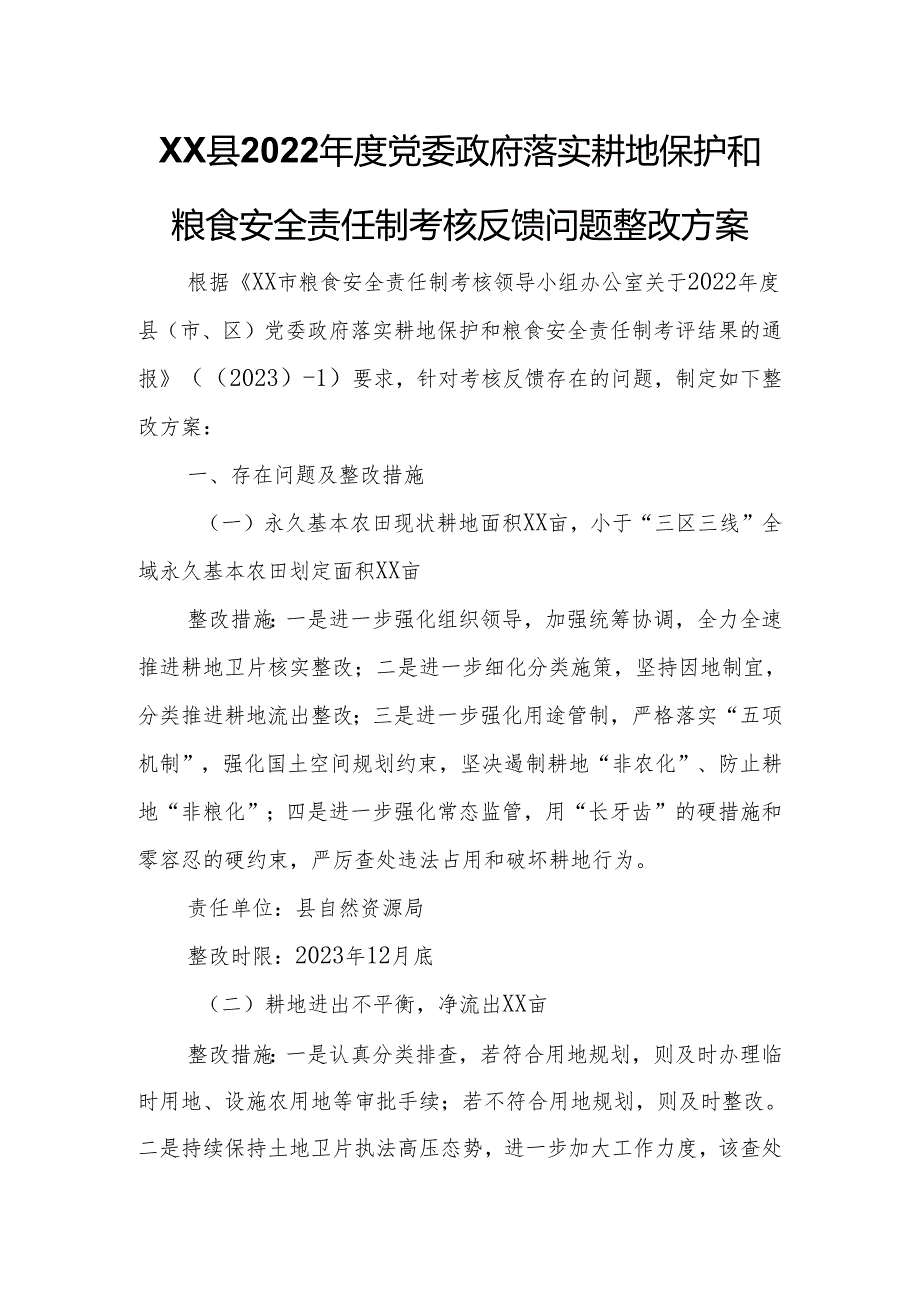 XX县2022党委政府落实耕地保护和粮食安全责任制考核反馈问题整改方案.docx_第1页
