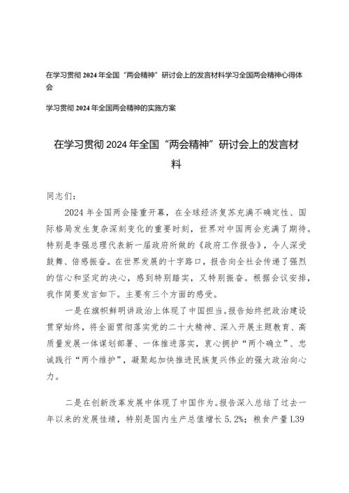 （3篇）在学习贯彻2024年全国“两会精神”研讨会上的发言材料全国两会精神的实施方案.docx