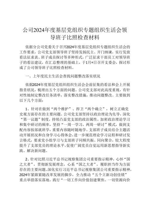 公司2024基层党组织专题组织生活会领导班子对照检查材料.docx