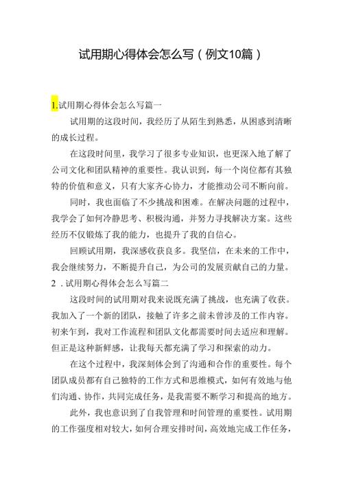 试用期心得体会怎么写（例文10篇）.docx