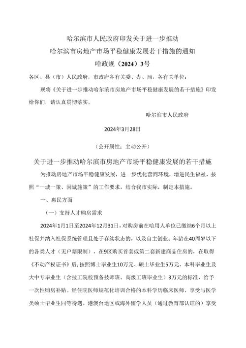 关于进一步推动哈尔滨市房地产市场平稳健康发展的若干措施（2024年）.docx