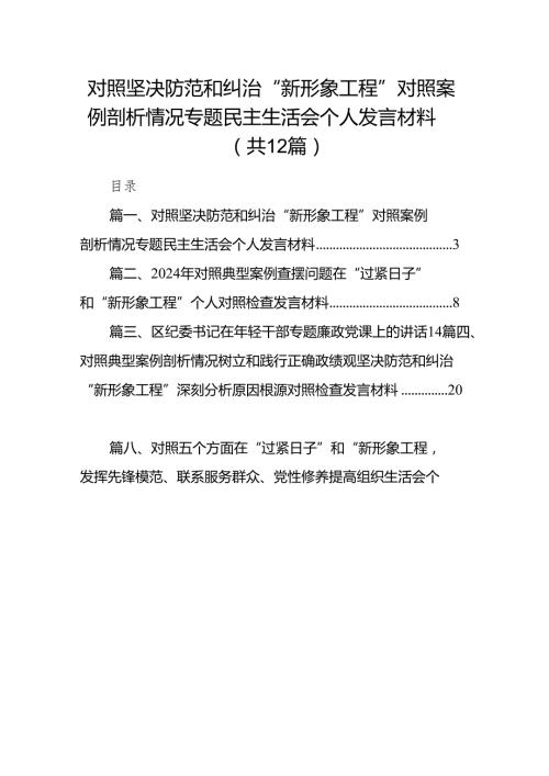 对照坚决防范和纠治“新形象工程”对照案例剖析情况专题民主生活会个人发言材料12篇供参考.docx