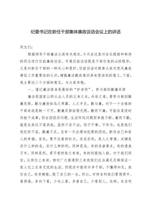 【廉政谈话】2024年5月纪委书记在新任干部集体廉政谈话会议上的讲话.docx
