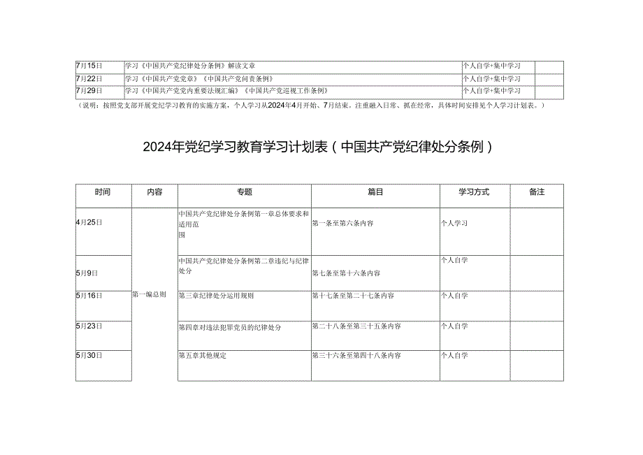 党员干部2024年党纪学习教育个人学习计划表、《中国共产党纪律处分条例》学习计划表、党总支部学纪、知纪、明纪、守纪党纪教育学习计划安排表格3篇.docx_第3页