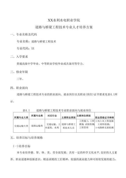 XX水利水电职业学院道路与桥梁工程技术专业人才培养方案（2024年）.docx