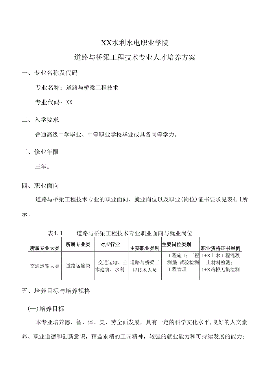 XX水利水电职业学院道路与桥梁工程技术专业人才培养方案（2024年）.docx_第1页