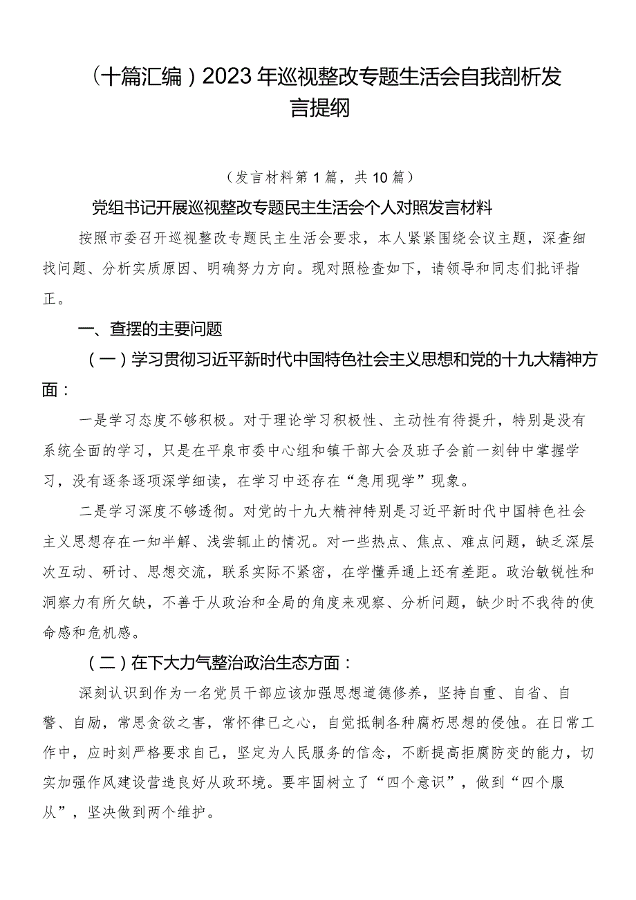 （十篇汇编）2023年巡视整改专题生活会自我剖析发言提纲.docx_第1页