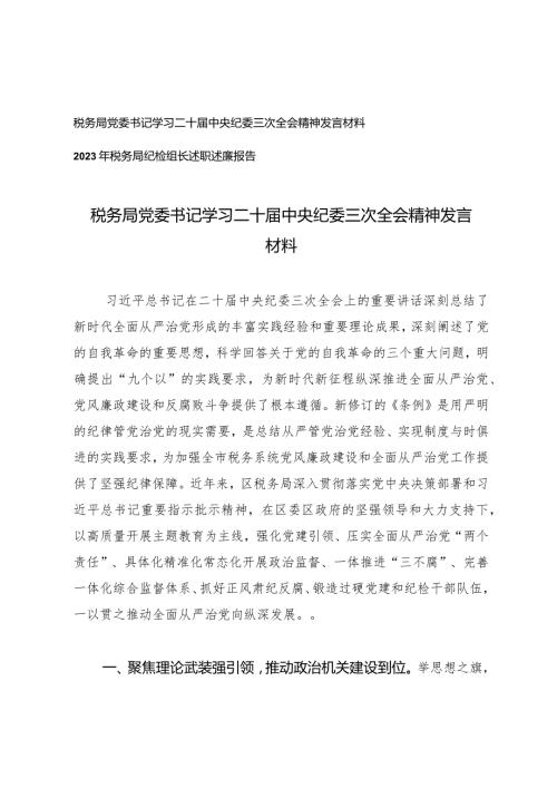 （2篇）税务局党委书记学习二十中央纪委三次全会精神发言材料2023年税务局纪检组长述职述廉报告.docx