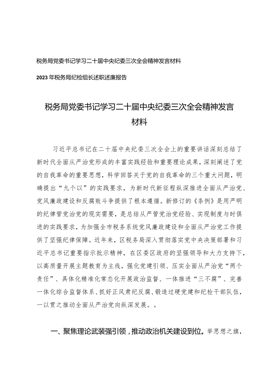 （2篇）税务局党委书记学习二十中央纪委三次全会精神发言材料2023年税务局纪检组长述职述廉报告.docx_第1页