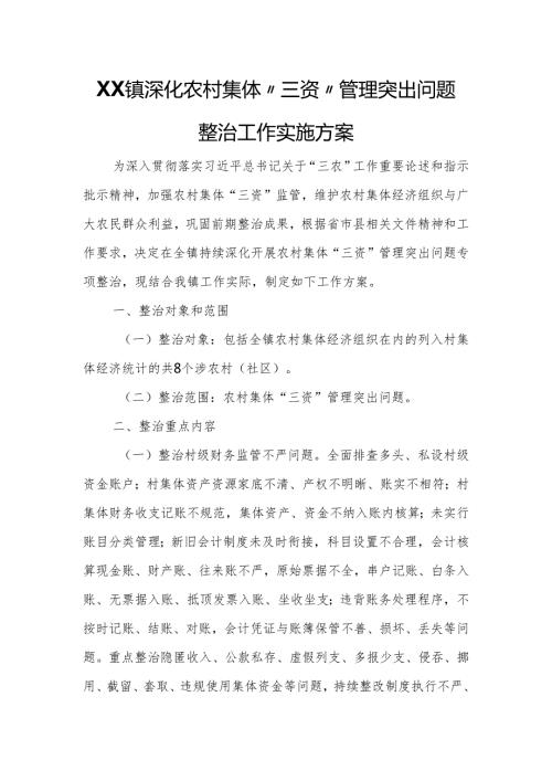 XX镇深化农村集体“三资”管理突出问题整治工作实施方案.docx