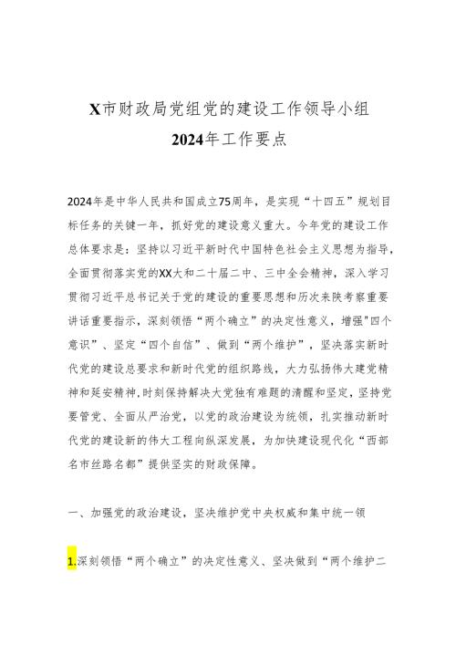 X市财政局党组党的建设工作领导小组2024年工作要点.docx