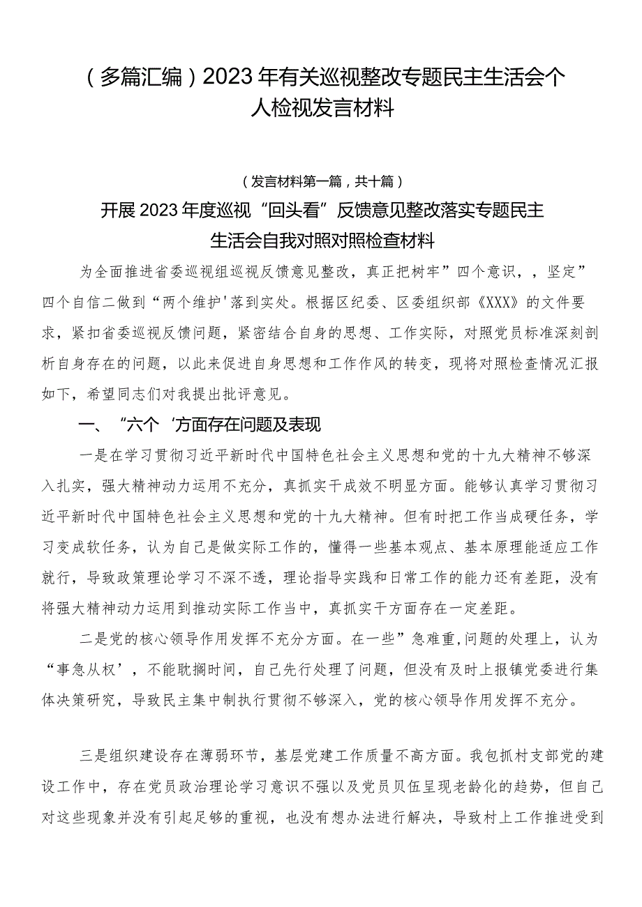 （多篇汇编）2023年有关巡视整改专题民主生活会个人检视发言材料.docx_第1页