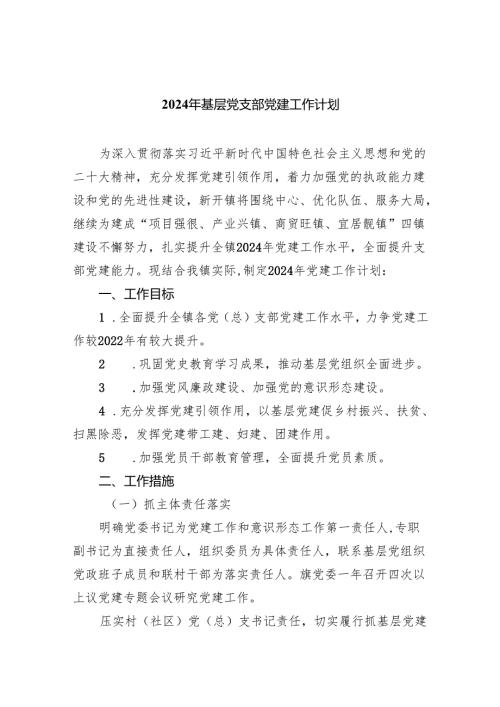 2024年基层党支部党建工作计划范文精选(5篇).docx