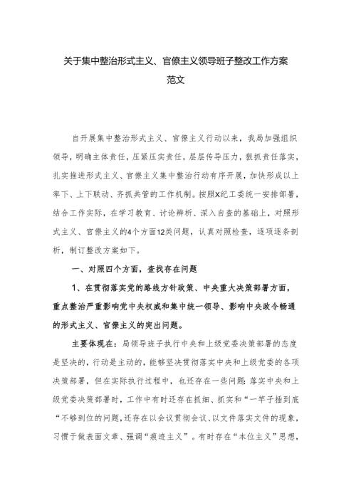 关于集中整治形式主义、官僚主义领导班子整改工作方案范文.docx