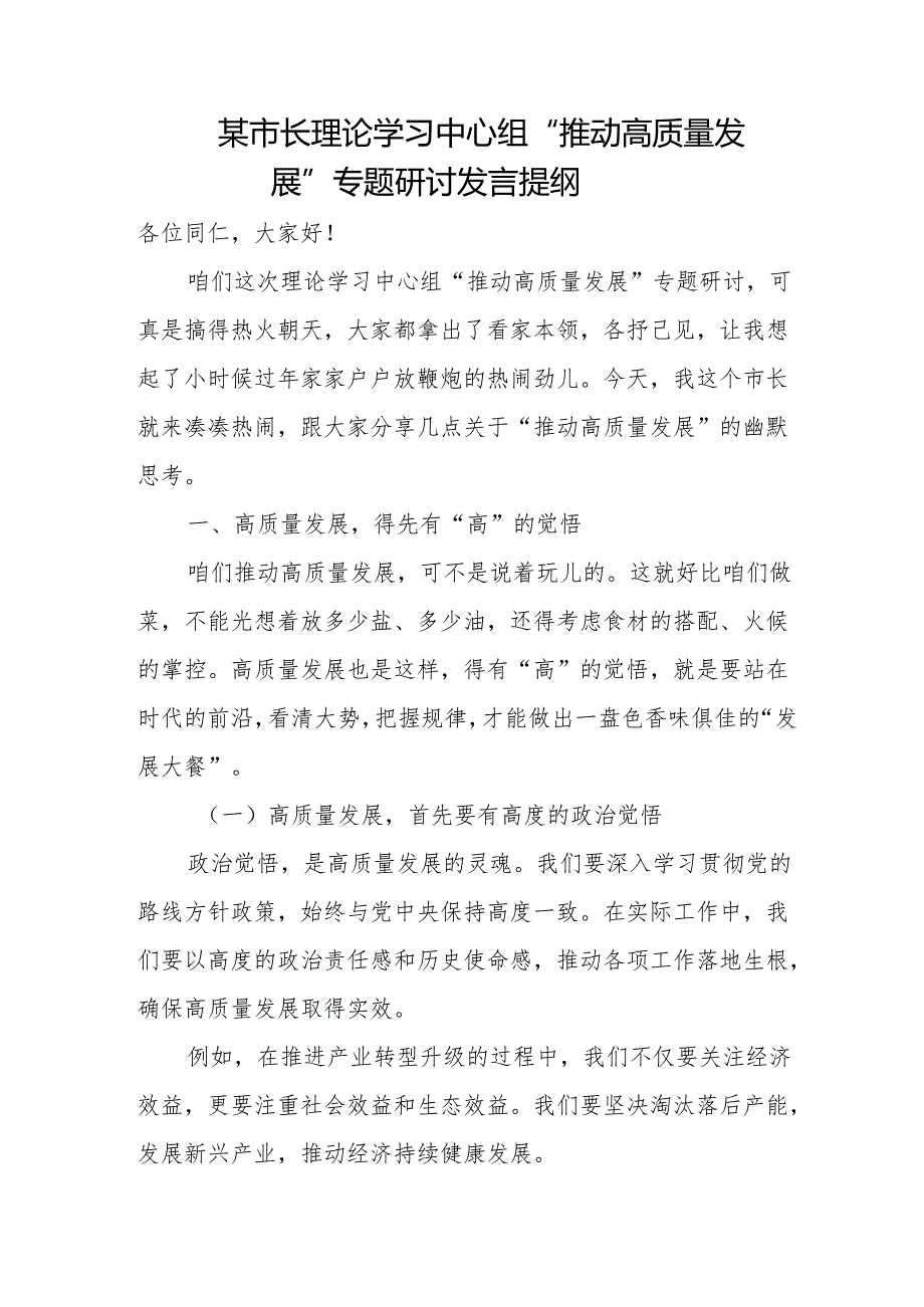 某市长理论学习中心组“推动高质量发展”专题研讨发言提纲.docx_第1页