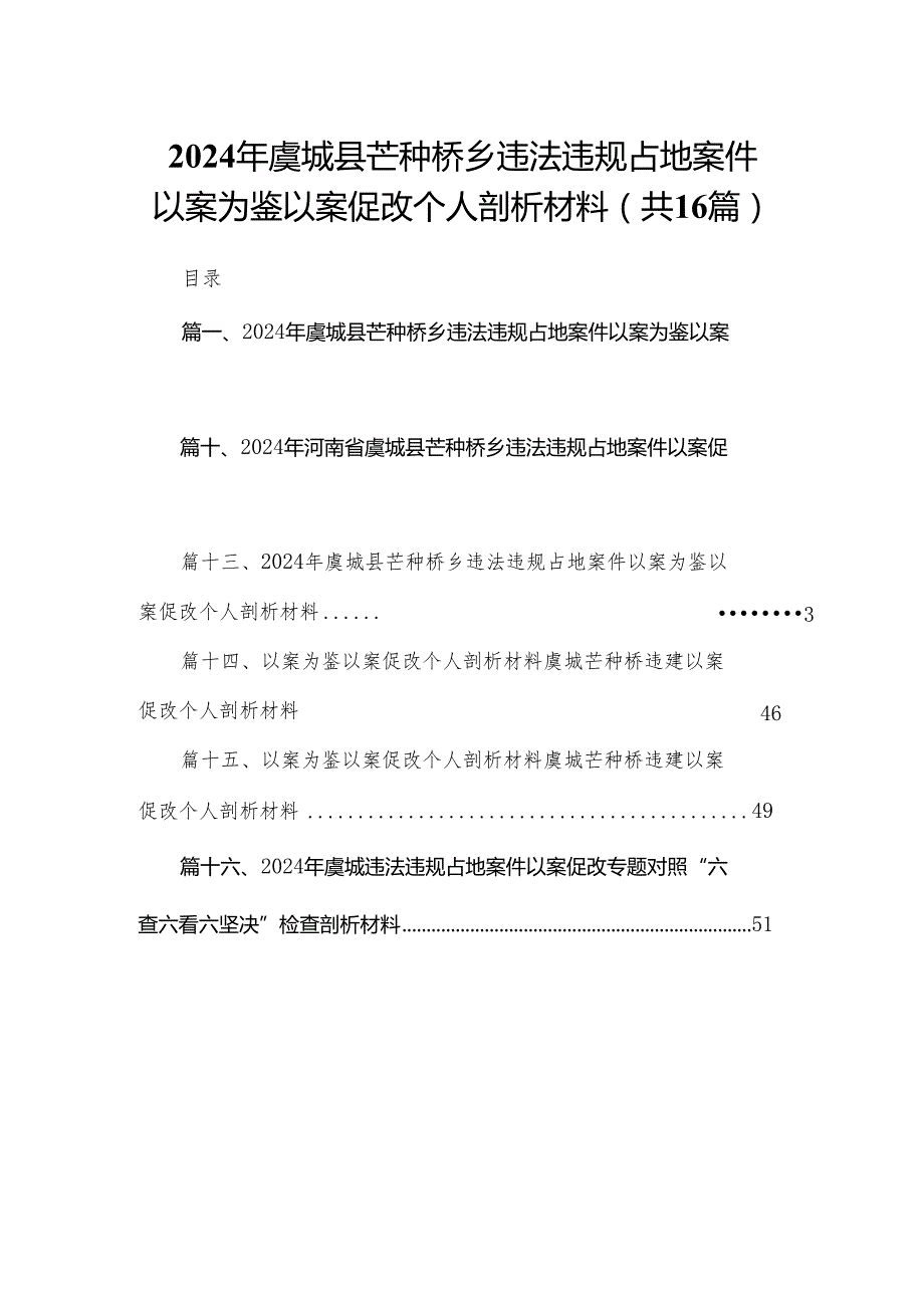 2024年虞城县芒种桥乡违法违规占地案件以案为鉴以案促改个人剖析材料16篇（精编版）.docx_第1页