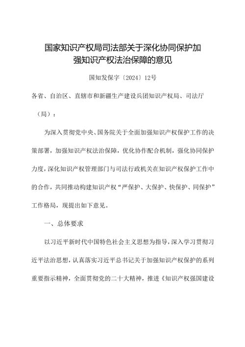 2024年《国家知识产权局 司法部关于深化协同保护加强知识产权法治保障的意见》.docx