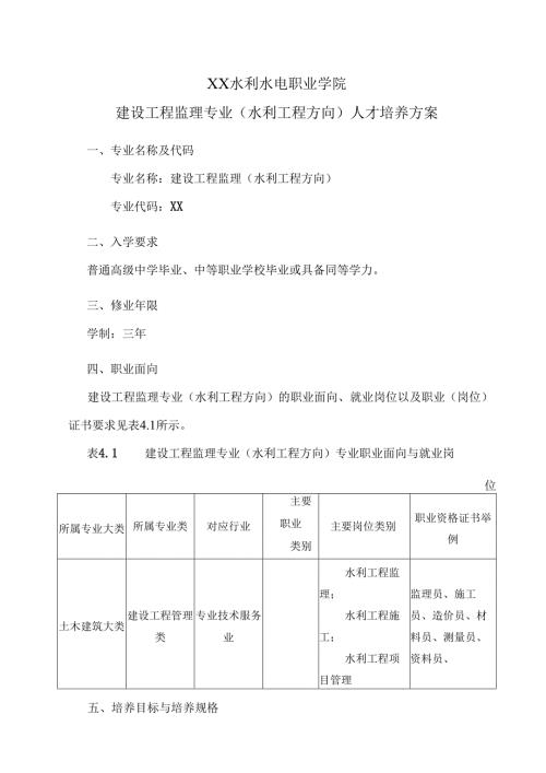 XX水利水电职业学院建设工程监理专业（水利工程方向）人才培养方案（2024年）.docx
