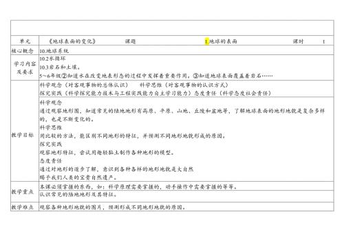 教科版五年级科学上册第二单元地球的表面教学设计.docx