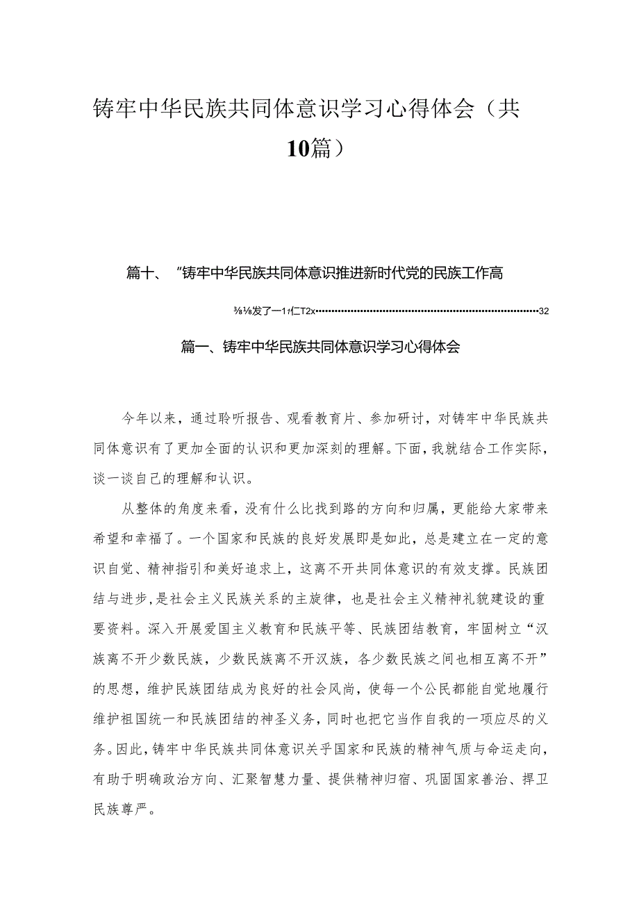 铸牢中华民族共同体意识学习心得体会【10篇精选】供参考.docx_第1页
