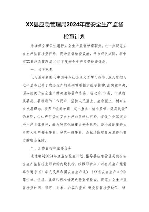 XX县应急管理局2024安全生产监督检查计划.docx