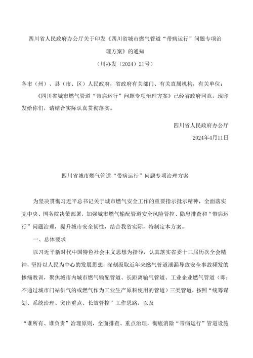 《四川省城市燃气管道“带病运行”问题专项治理方案》.docx