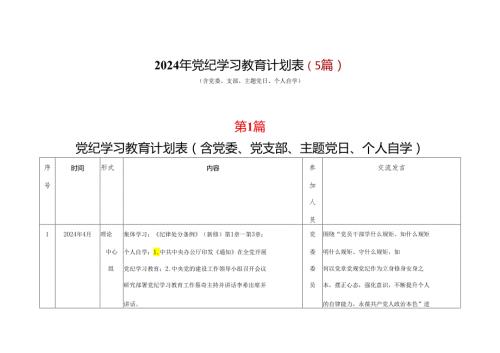 某支部2024党纪学习教育个人学习计划安排表格(含新修订《中国共产党纪律处分条例》)合集资料.docx