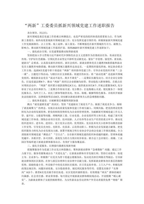 “两新”工委委员抓新兴领域党建工作述职报告.docx