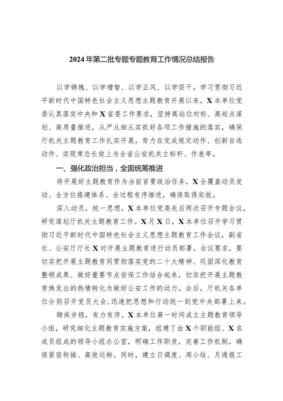 2024年第二批专题专题教育工作情况总结报告范文五篇（详细版）.docx_第1页