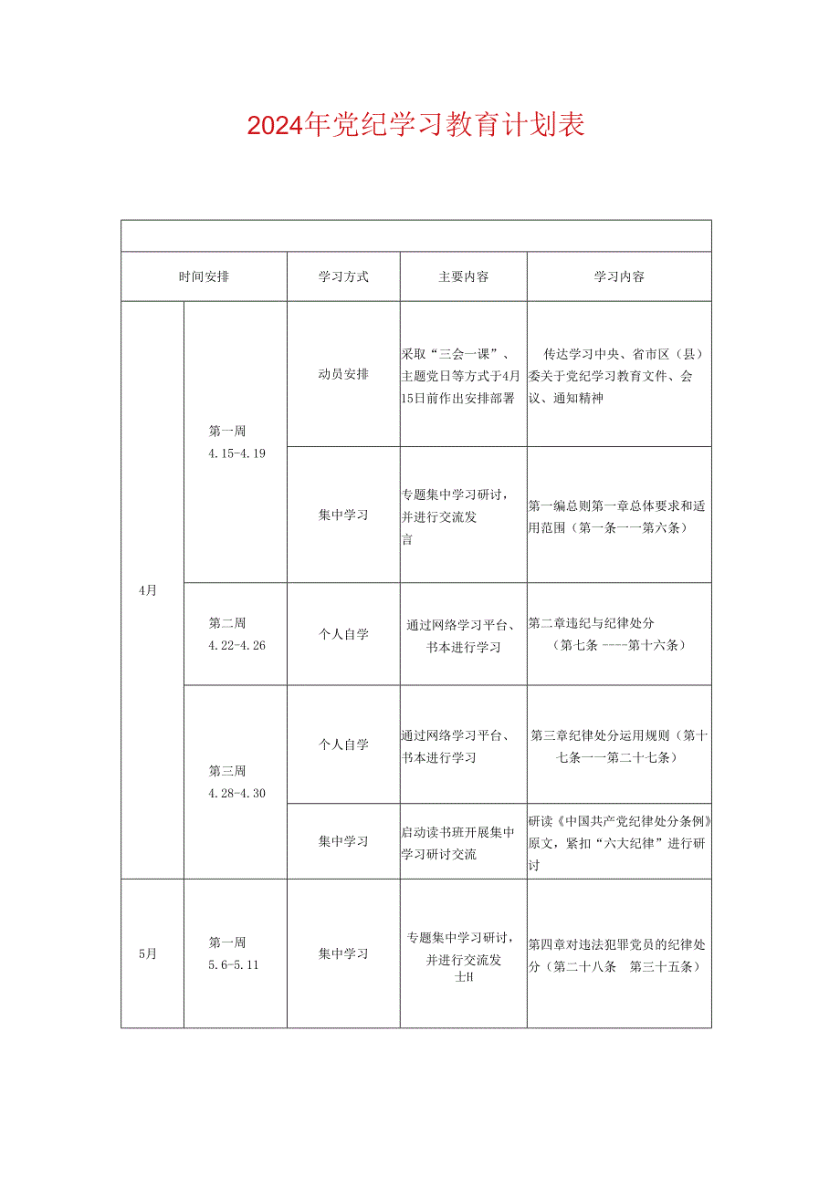 2024年党纪学习教育计划表精选合集.docx_第1页