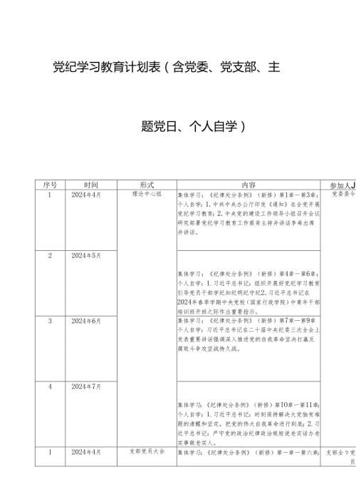 党纪学习教育计划表（含党委、支部、主题党日、个人自学）.docx