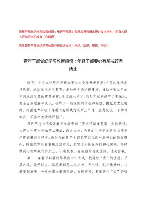 【学纪、知纪、明纪、守纪】2024青年干部党纪学习教育感悟：年轻干部要心有所戒行有所止3篇.docx
