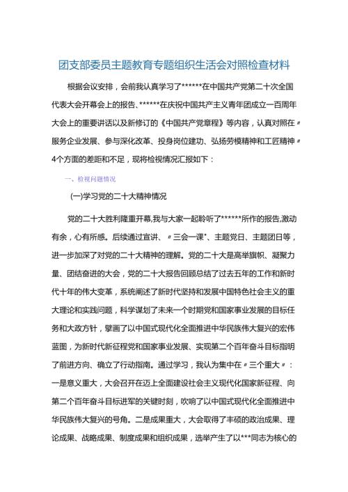 团支部委员主题教育专题组织生活会对照检查材料.docx