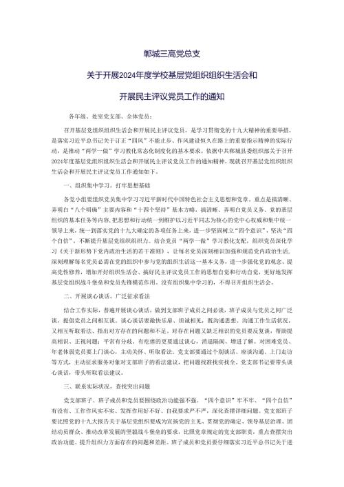 郸城三高党总支关于开好2024学校党员领导干部民主生活会的通知.docx
