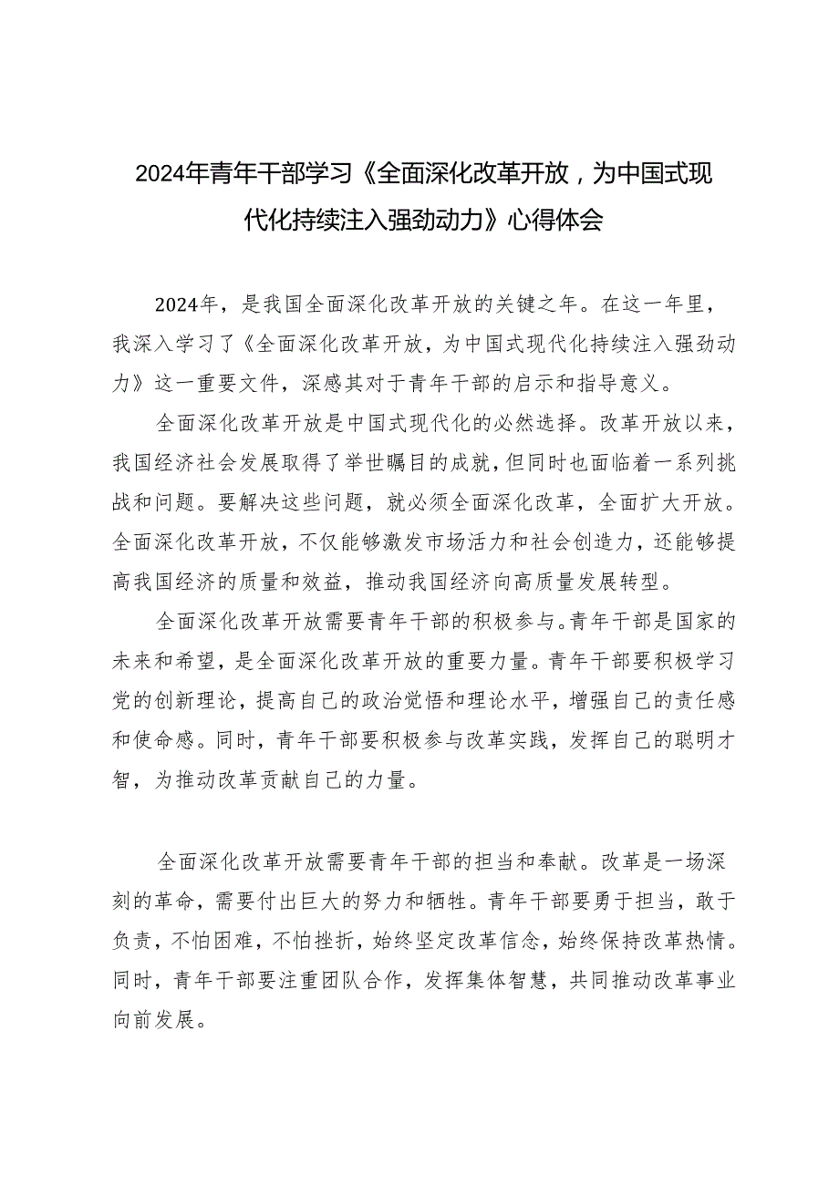 5篇 2024年青年干部学习《全面深化改革开放为中国式现代化持续注入强劲动力》心得体会.docx_第3页