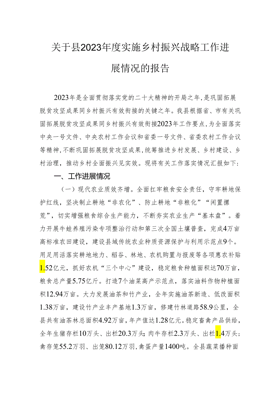 关于县2023实施乡村振兴战略工作进展情况的报告.docx_第1页