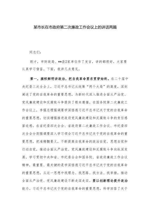 某市长在市政府第二次廉政工作会议上的讲话两篇.docx