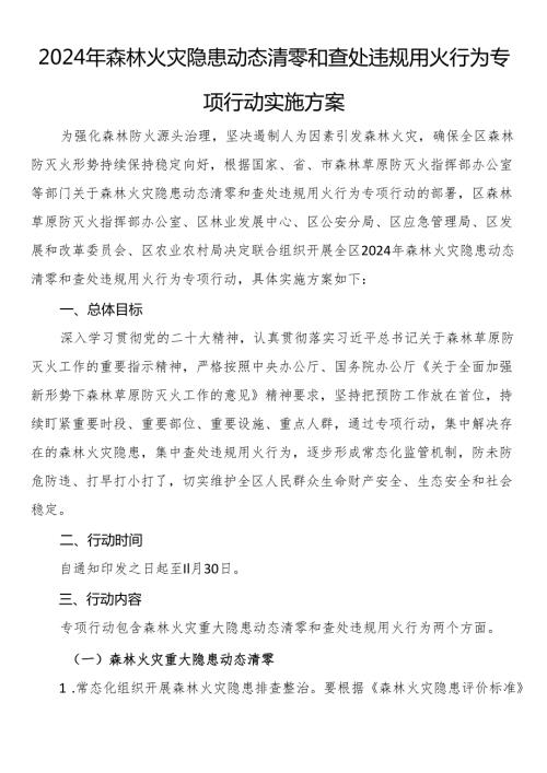 2024年森林火灾隐患动态清零和查处违规用火行为专项行动实施方案.docx