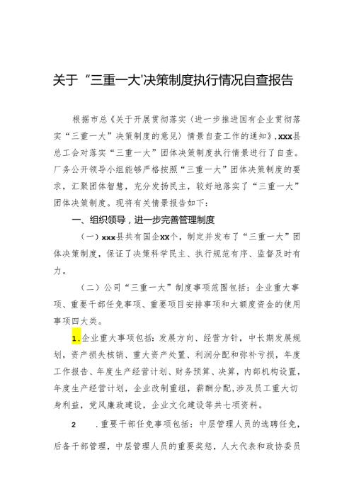 关于“三重一大”决策制度执行情况自查报告 二.docx