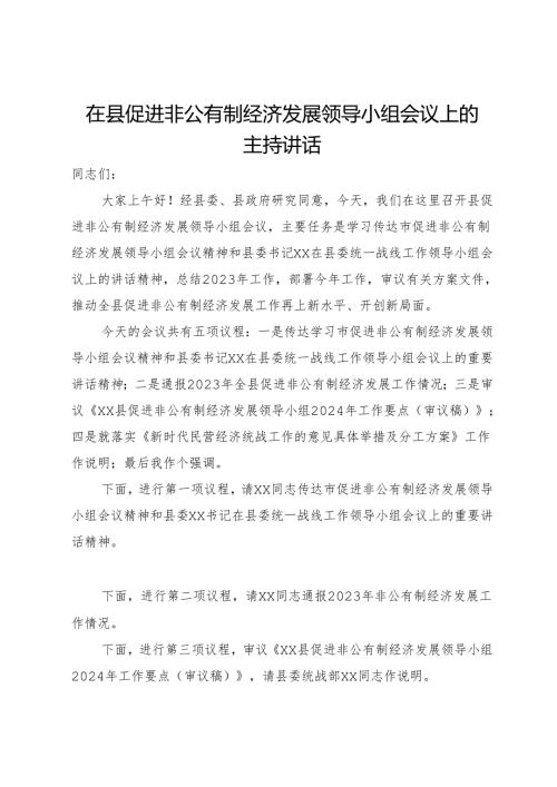 在县促进非公有制经济发展领导小组会议上的主持讲话.docx
