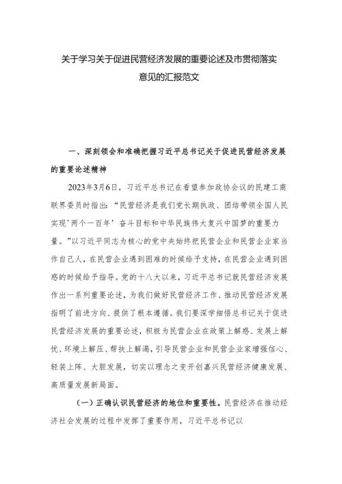 关于学习关于促进民营经济发展的重要论述及市贯彻落实意见的汇报范文.docx