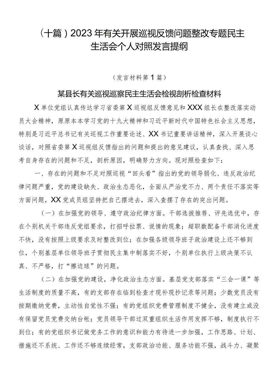 （十篇）2023年有关开展巡视反馈问题整改专题民主生活会个人对照发言提纲.docx_第1页