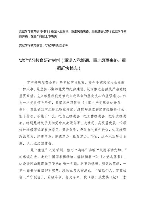 党纪学习教育研讨材料 讲稿 感悟心得体会（重温入党誓词、重走风雨来路、重振赶快状态 在三个持续上下功夫 守纪明规担当表率）3篇.docx
