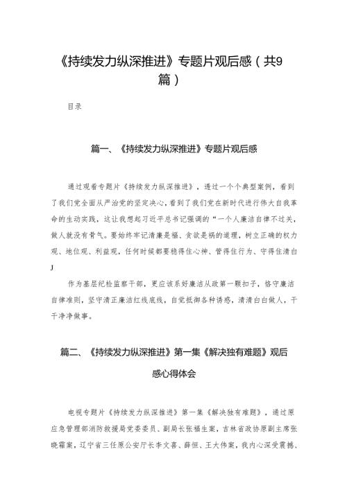 【九篇精选】《持续发力纵深推进》专题片观后感.docx